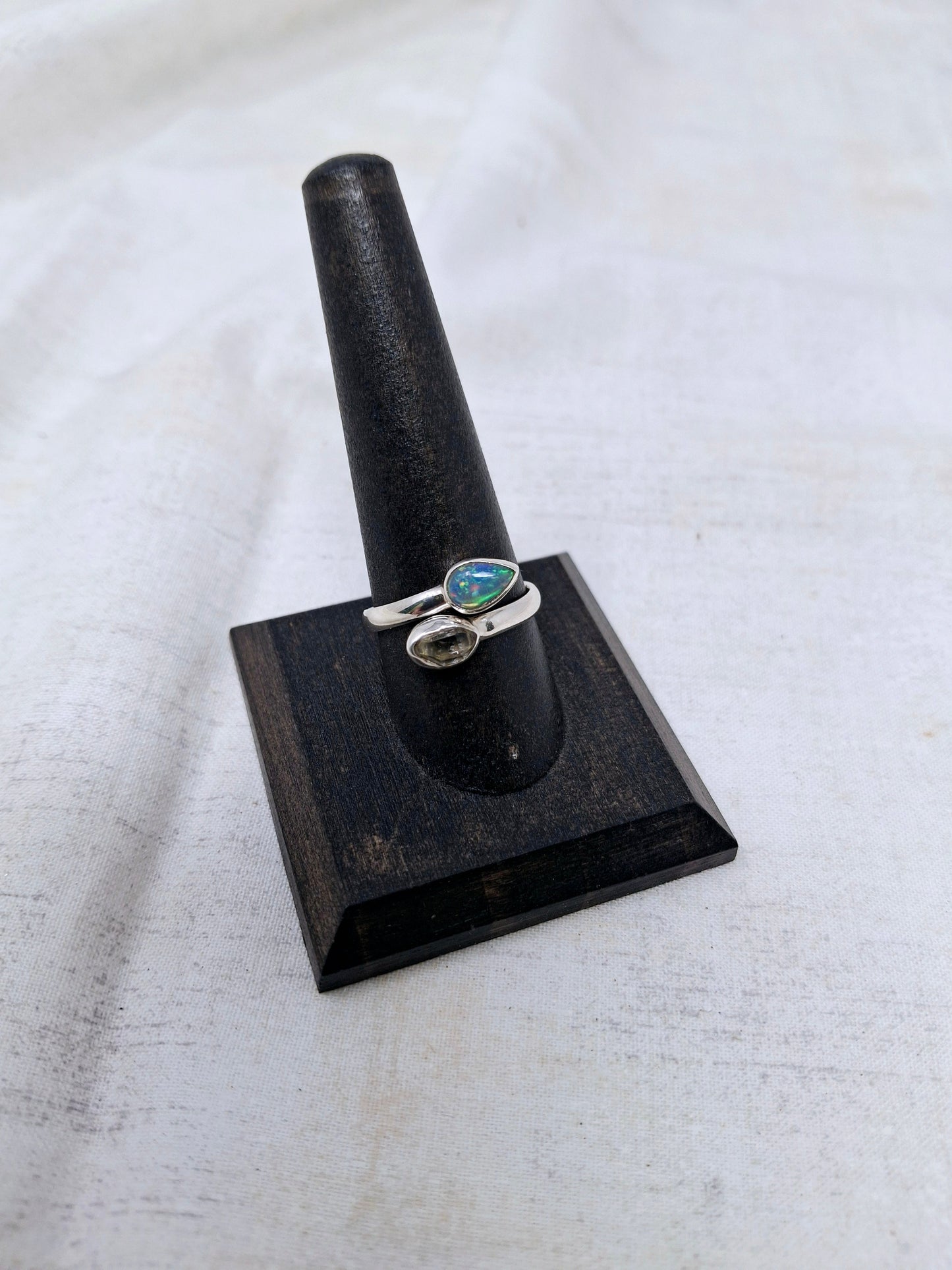 Ethiopian Opal and Herkimer Diamond Ring in .925 Sterling Silver