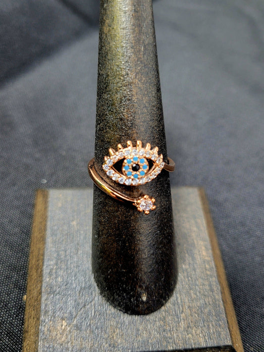 Evil Eye Ring Encrusted with CZ's Adjustable (Gold finish)