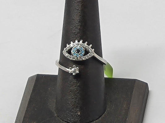 Evil Eye Ring Encrusted with CZ's Adjustable (Silver finish)