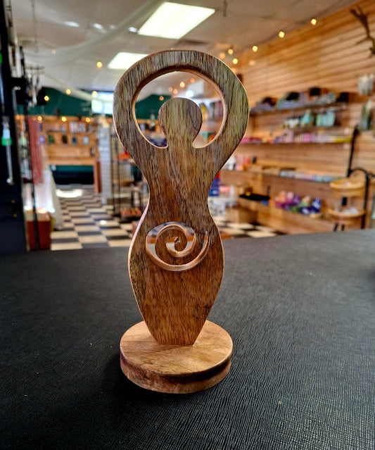 Goddess & Spiral Carved Wooden Totem – 7.5" x 3"