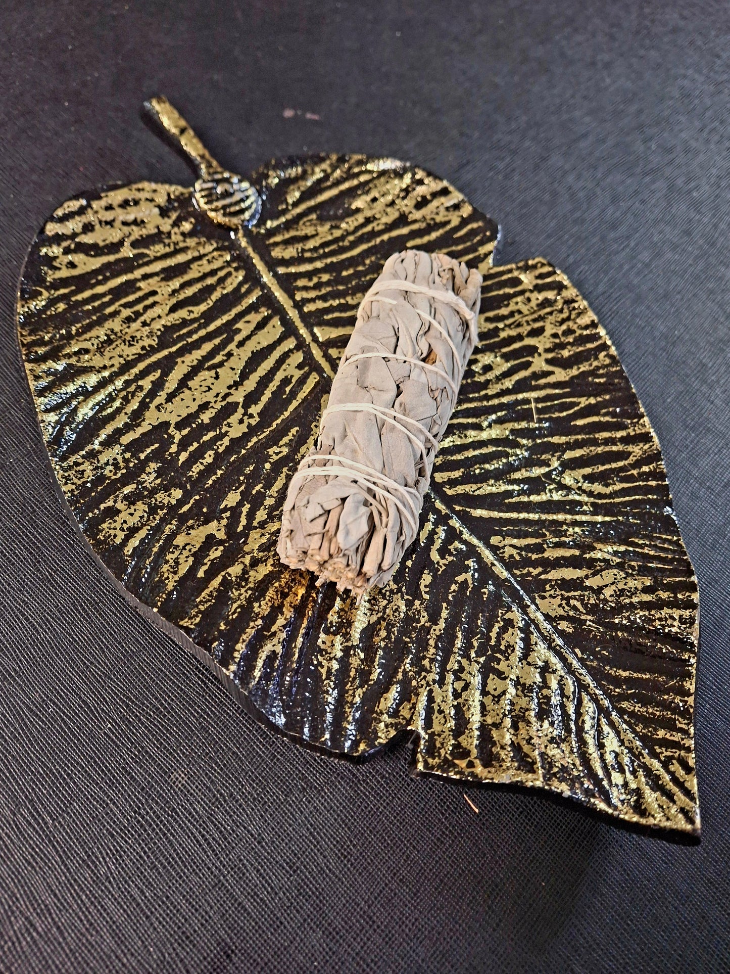 Golden Metal Leaf Incense/Smudge Burner, Home Decor, ETC. 12"L 7.5"W