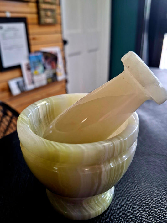 Green Onyx Mortar & Pestle w/wood base
