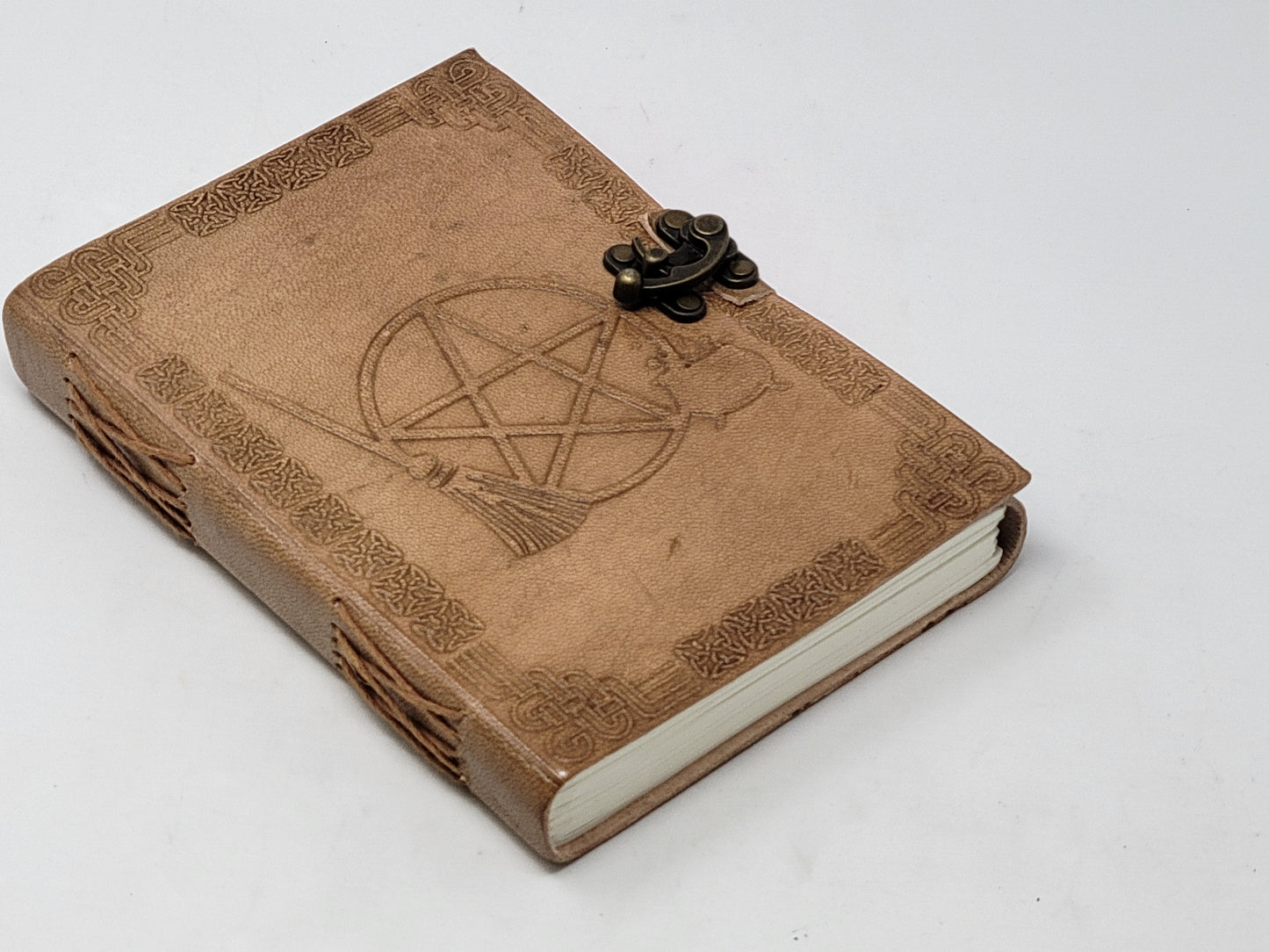 Hand Crafted Leather Journal Pentagram, Cauldron & Broom