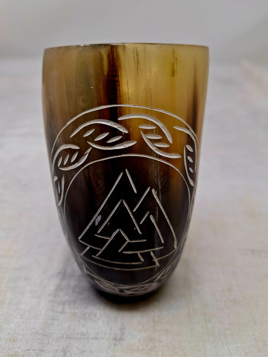 Handcrafted Natural Buffalo Horn Drinking Cups Engraved Old Norse Valknut Design 4-5"H