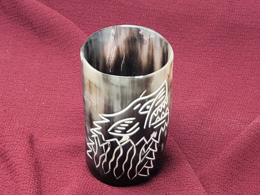 Handcrafted Natural Buffalo Horn Drinking Cups Engraved Wolf Design