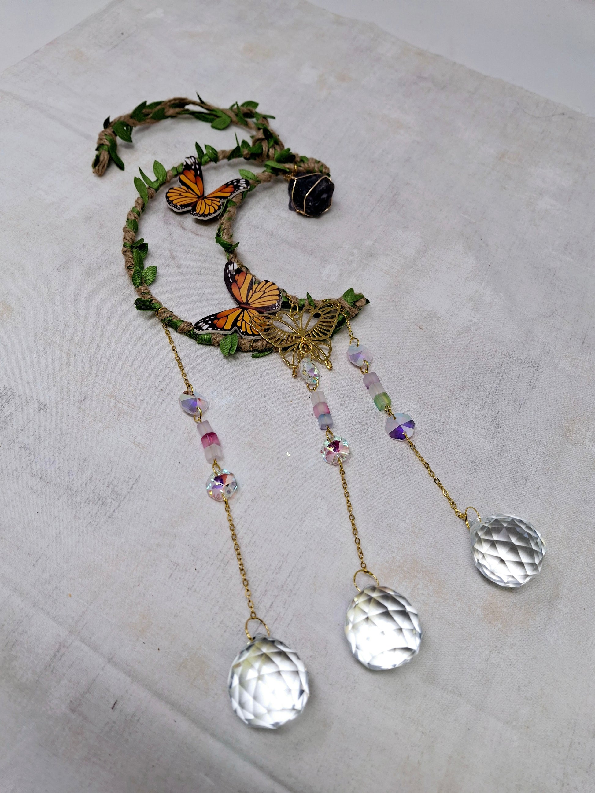 Large 21"L Moon Shaped Suncatcher with Butterflies & Amethyst Rock