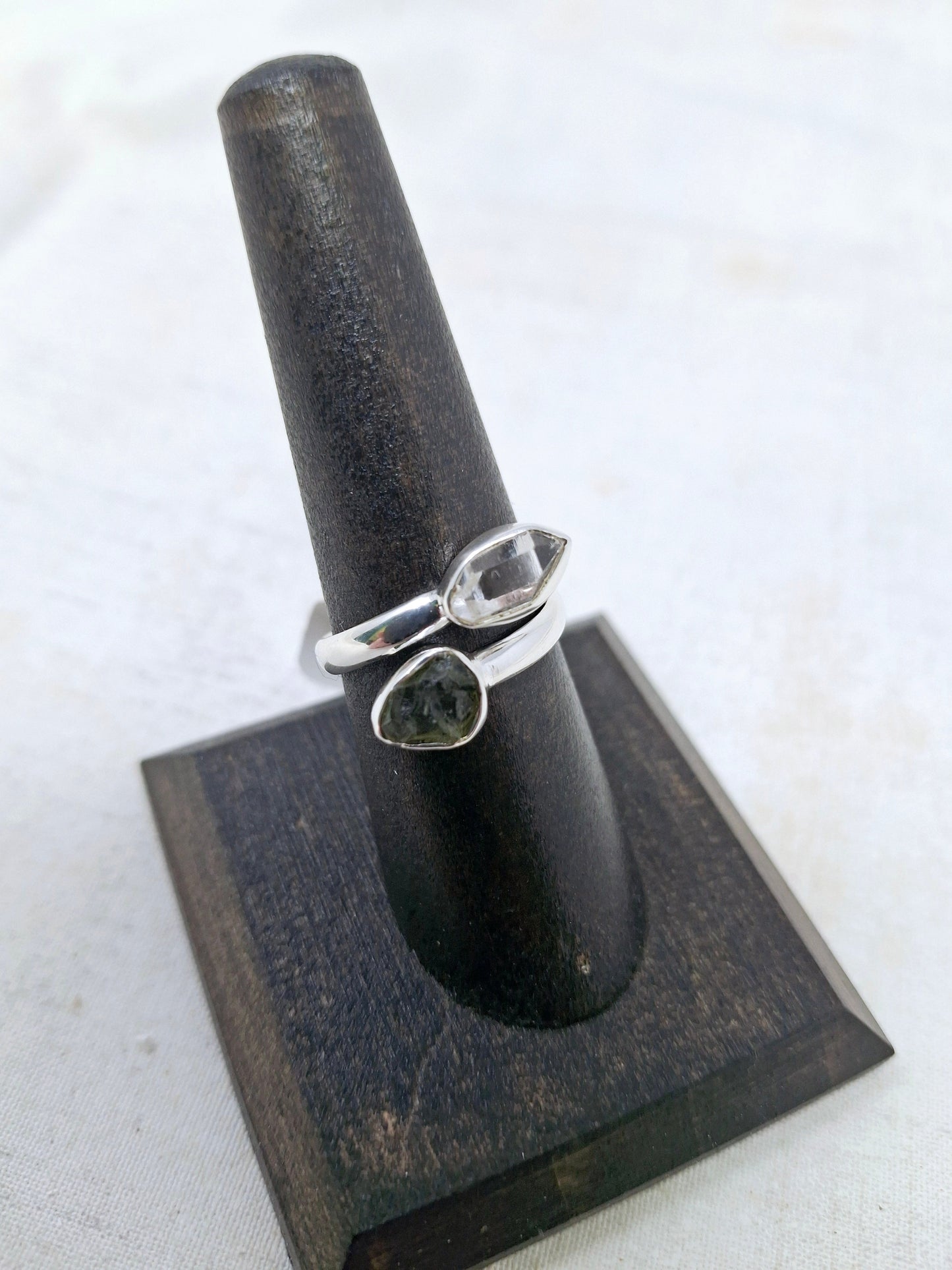 Moldavite and Herkimer Diamond Rings in .925 Sterling Silver