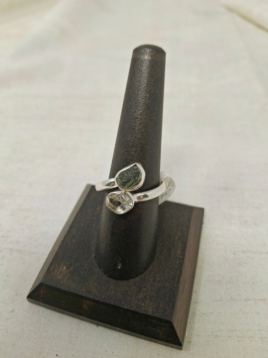 Moldavite and Herkimer Diamond Rings in .925 Sterling Silver