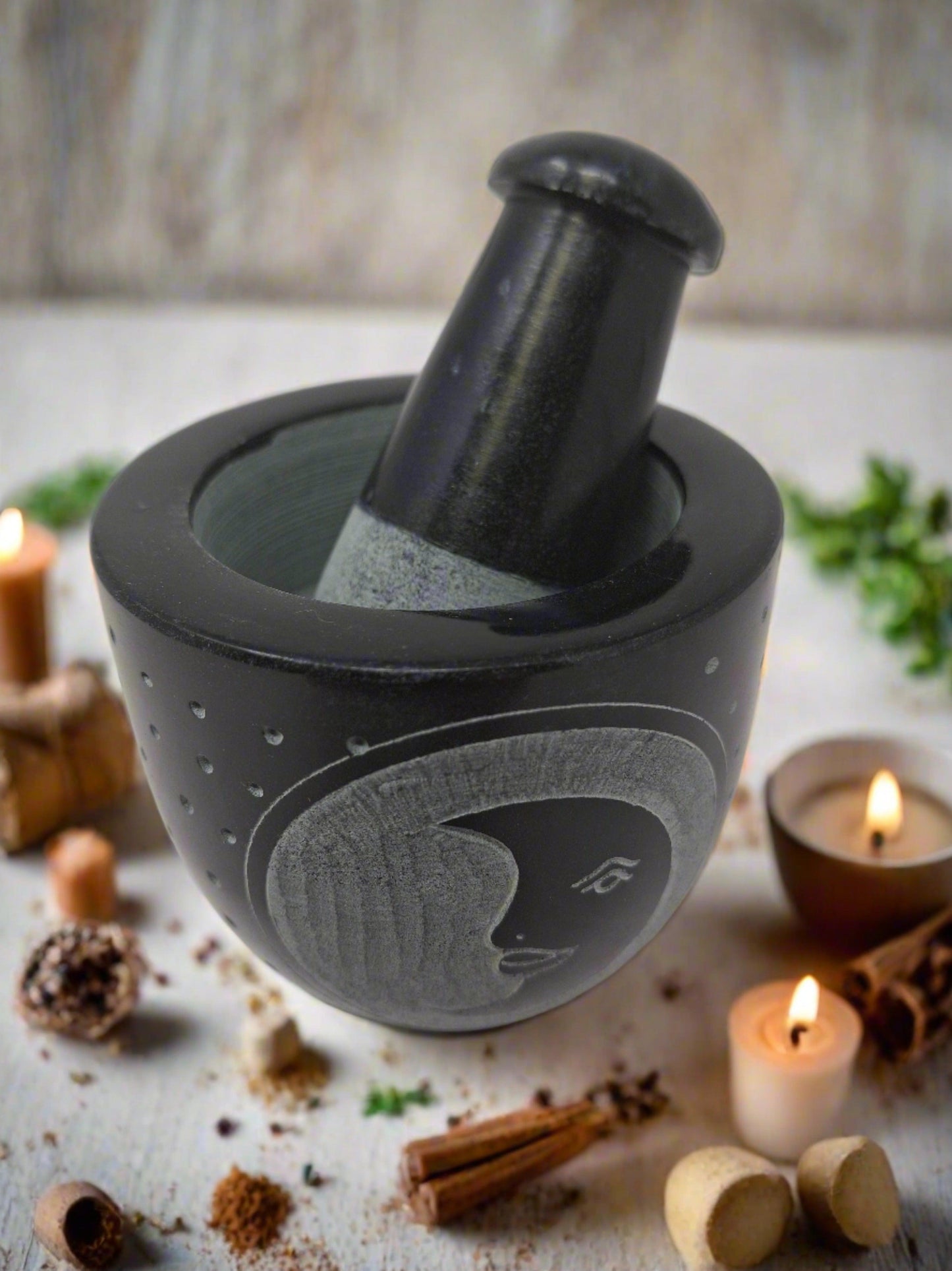 Moon Carved Black Soapstone Mortar & Pestle 3"W x 3"H