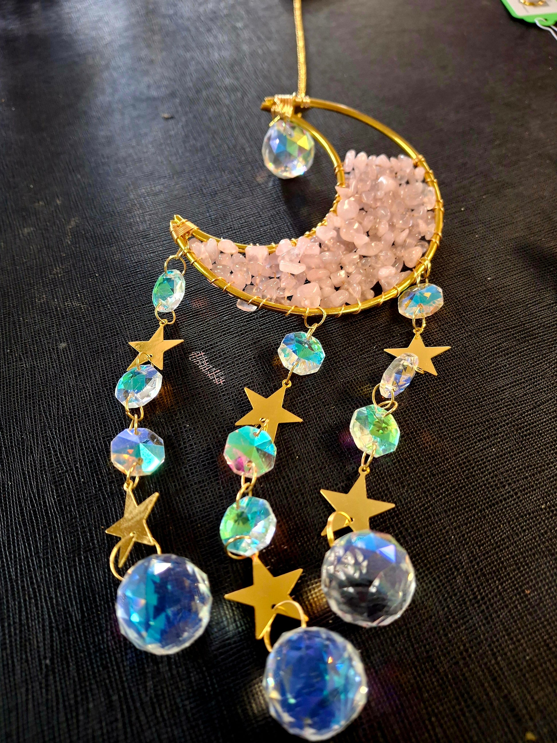 Moon-Shaped Crystal Suncatchers – Amethyst, Rose Quartz & Clear Quartz (4"W x 16"H)