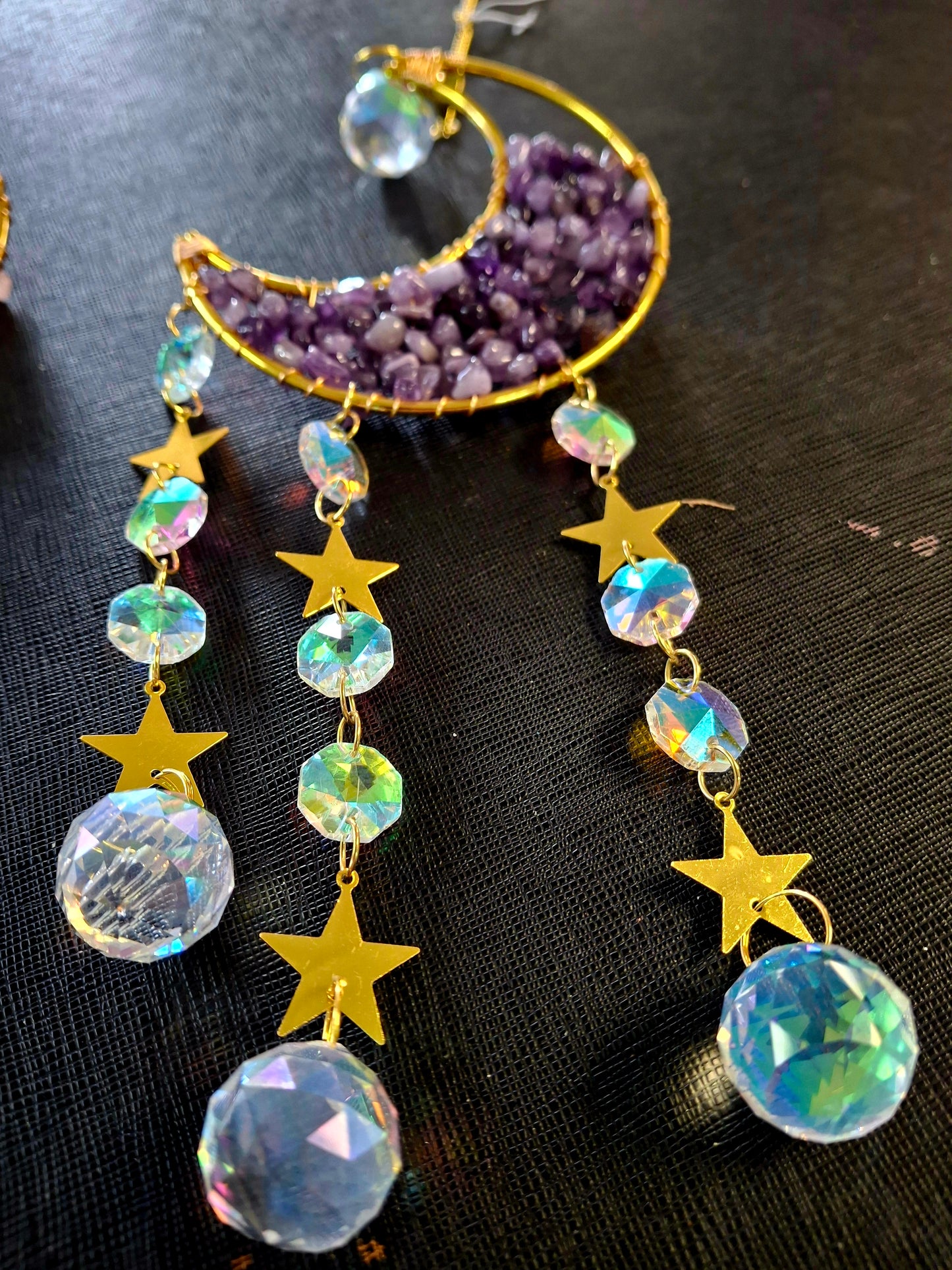 Moon-Shaped Crystal Suncatchers – Amethyst, Rose Quartz & Clear Quartz (4"W x 16"H)