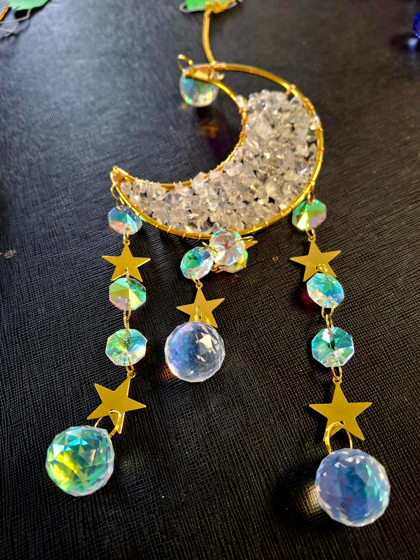 Moon-Shaped Crystal Suncatchers – Amethyst, Rose Quartz & Clear Quartz (4"W x 16"H)