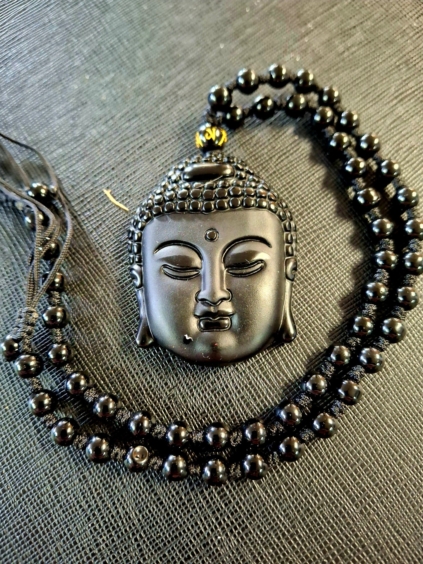 Obsidian Mala Necklace with Buddha Face – Adjustable, 2" Pendant