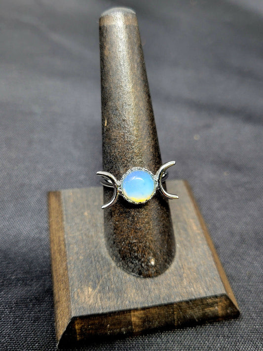 Opalite Triple Moon Ring Silver Plated (Adjustable)