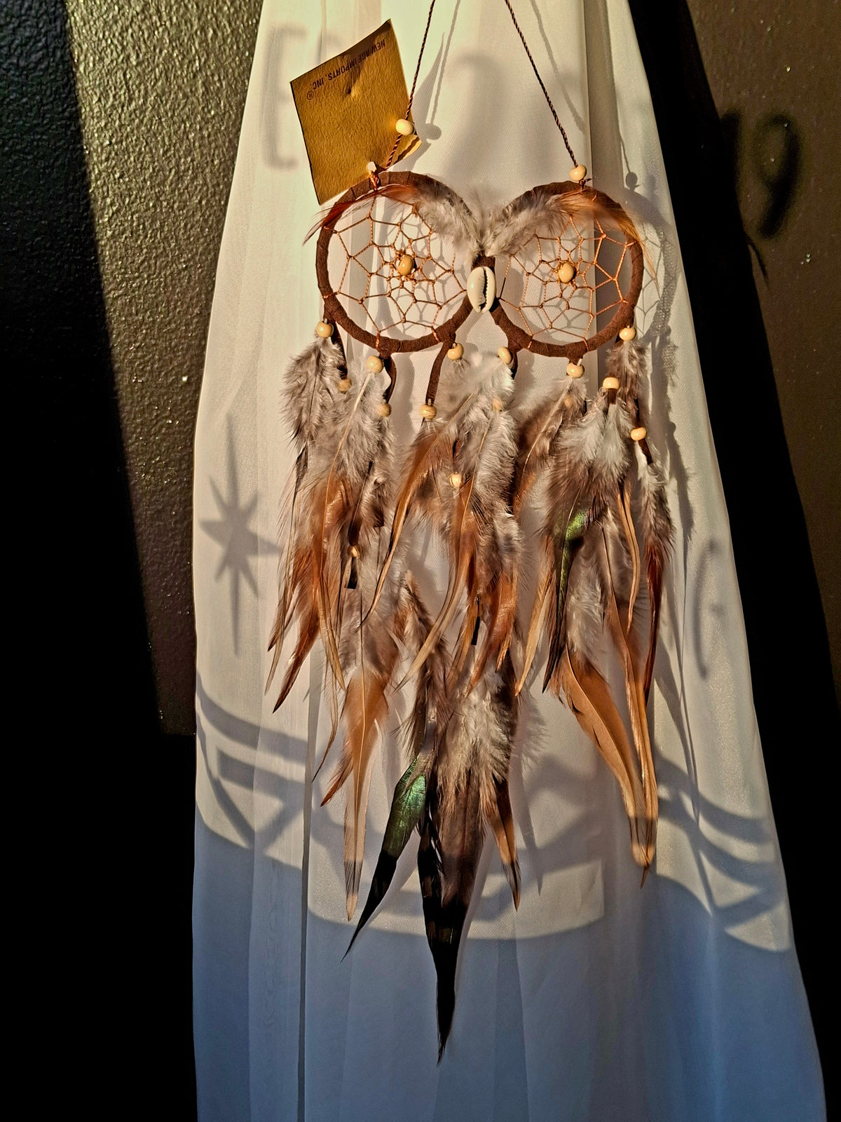 Owl Eyes Dream Catcher brown suede with feathers & Beads 10" High