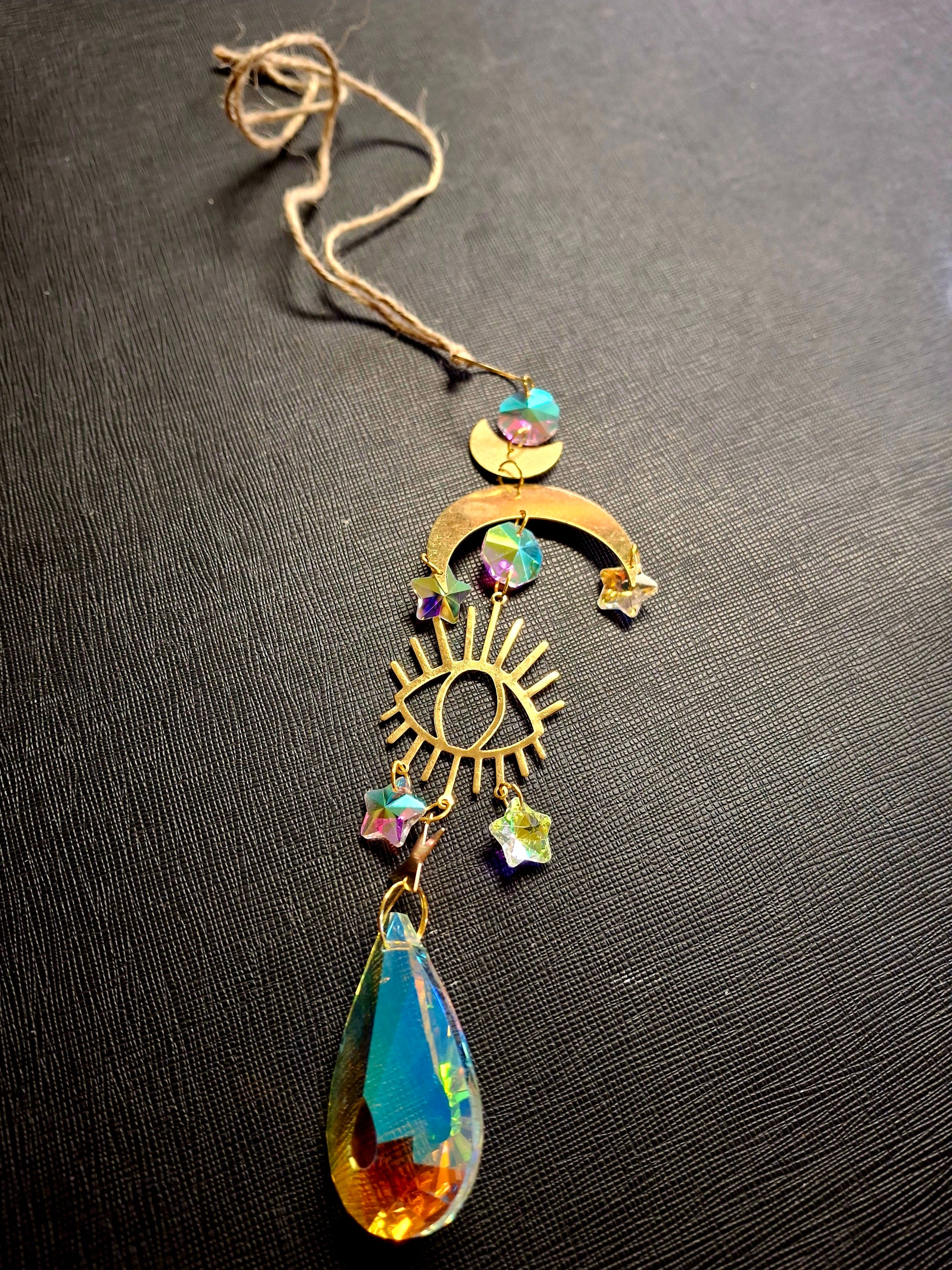 Rainbow Crystal Evil Eye Moon Star Suncatcher 18"L