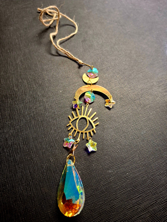 Rainbow Crystal Evil Eye Moon Star Suncatcher 18"L