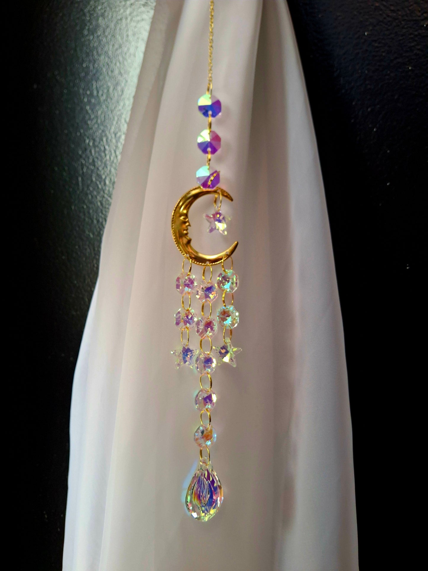 Rainbow Crystal Suncatcher - Crescent Moon Design (18"L)