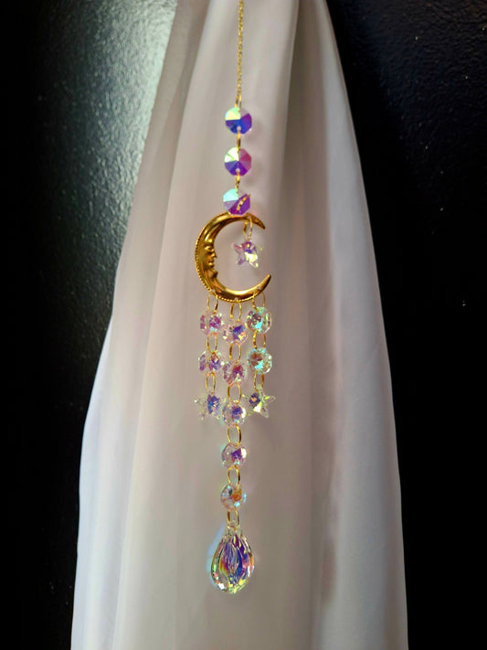 Rainbow Crystal Suncatcher - Crescent Moon Design (18"L)