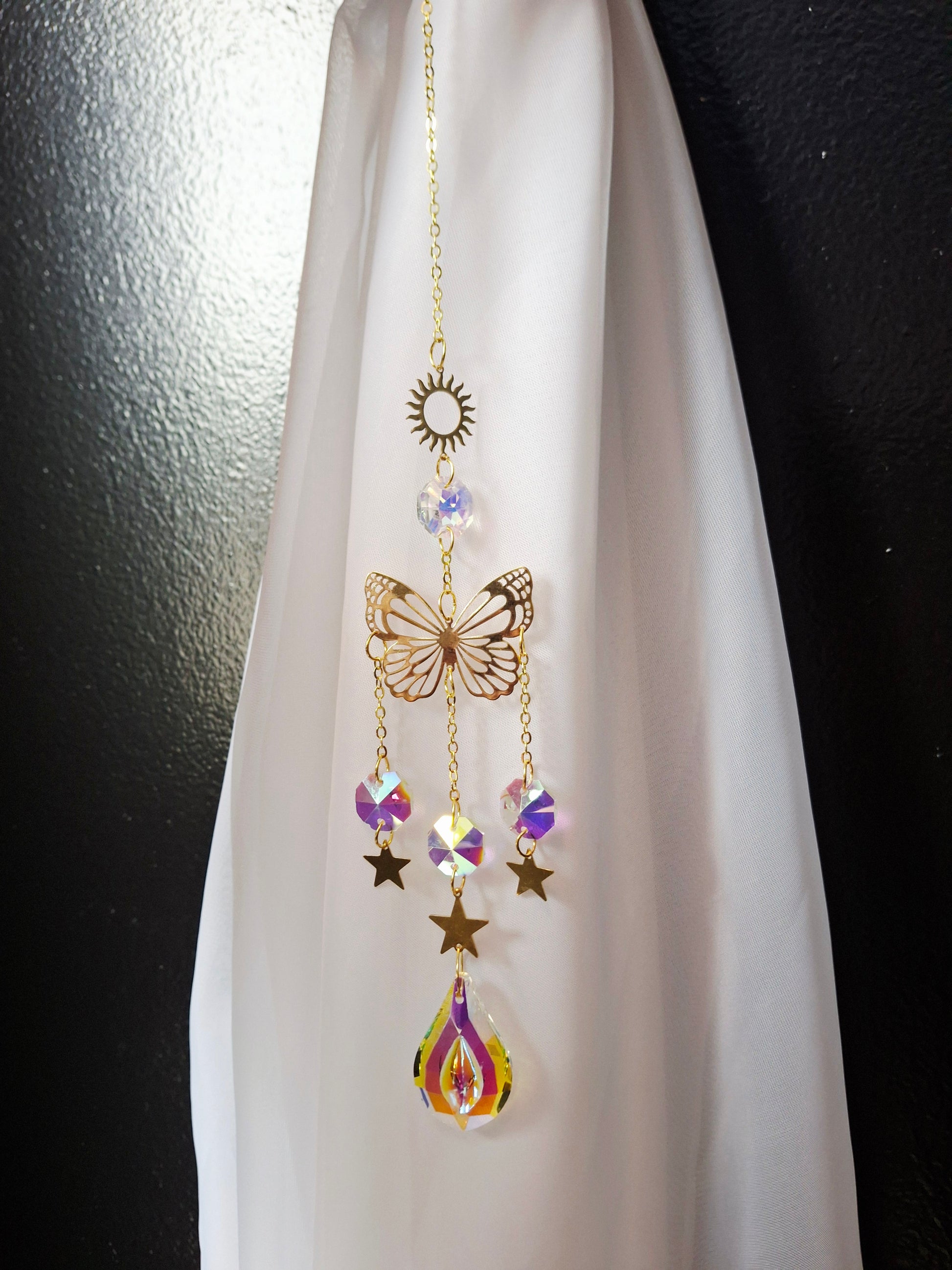 Rainbow Crystals Suncatcher with Sun & Butterfly Design, 15"L