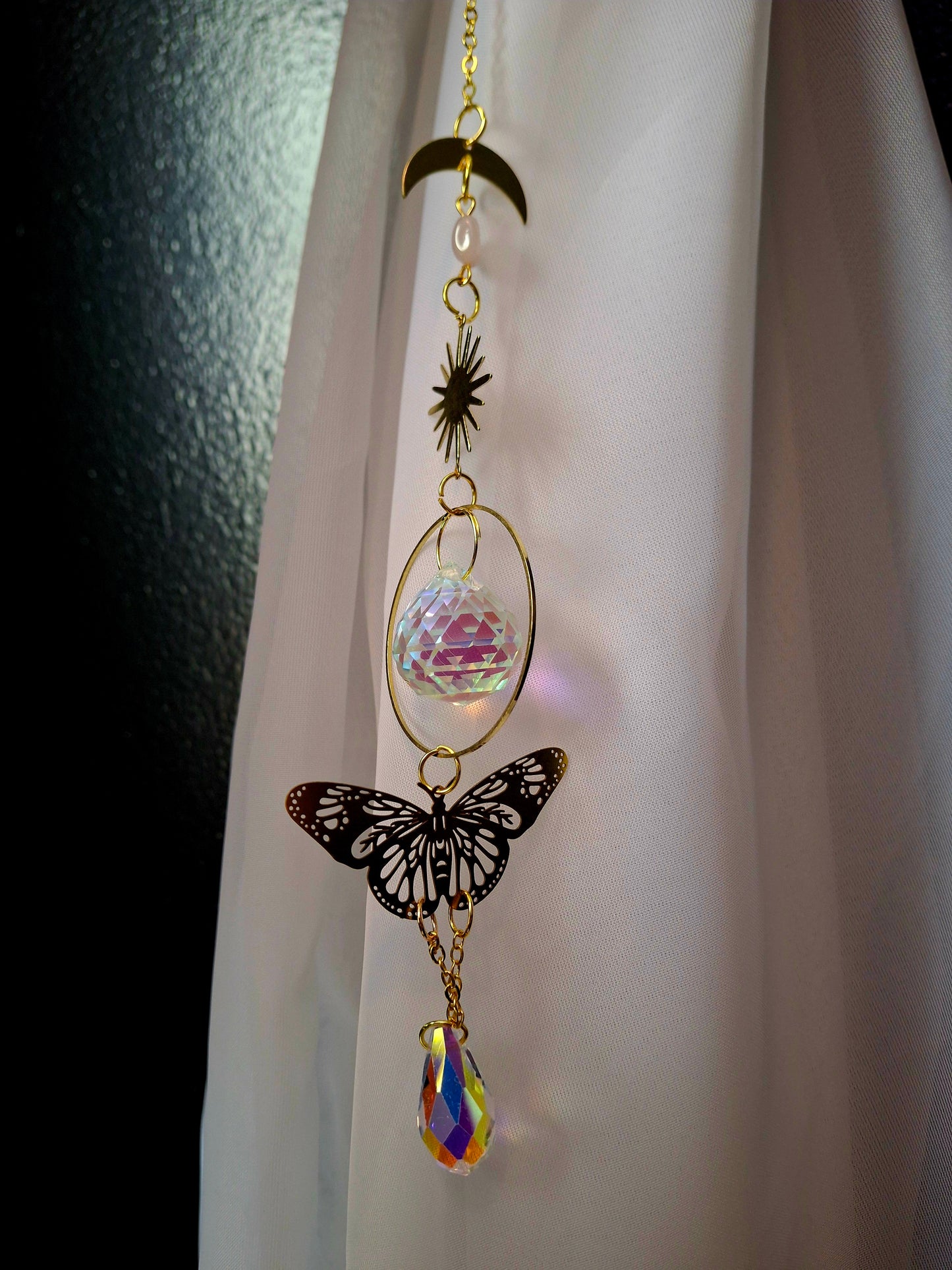 Rainbow Crystals Suncatcher with Sun, Moon & Butterfly Design 14"L