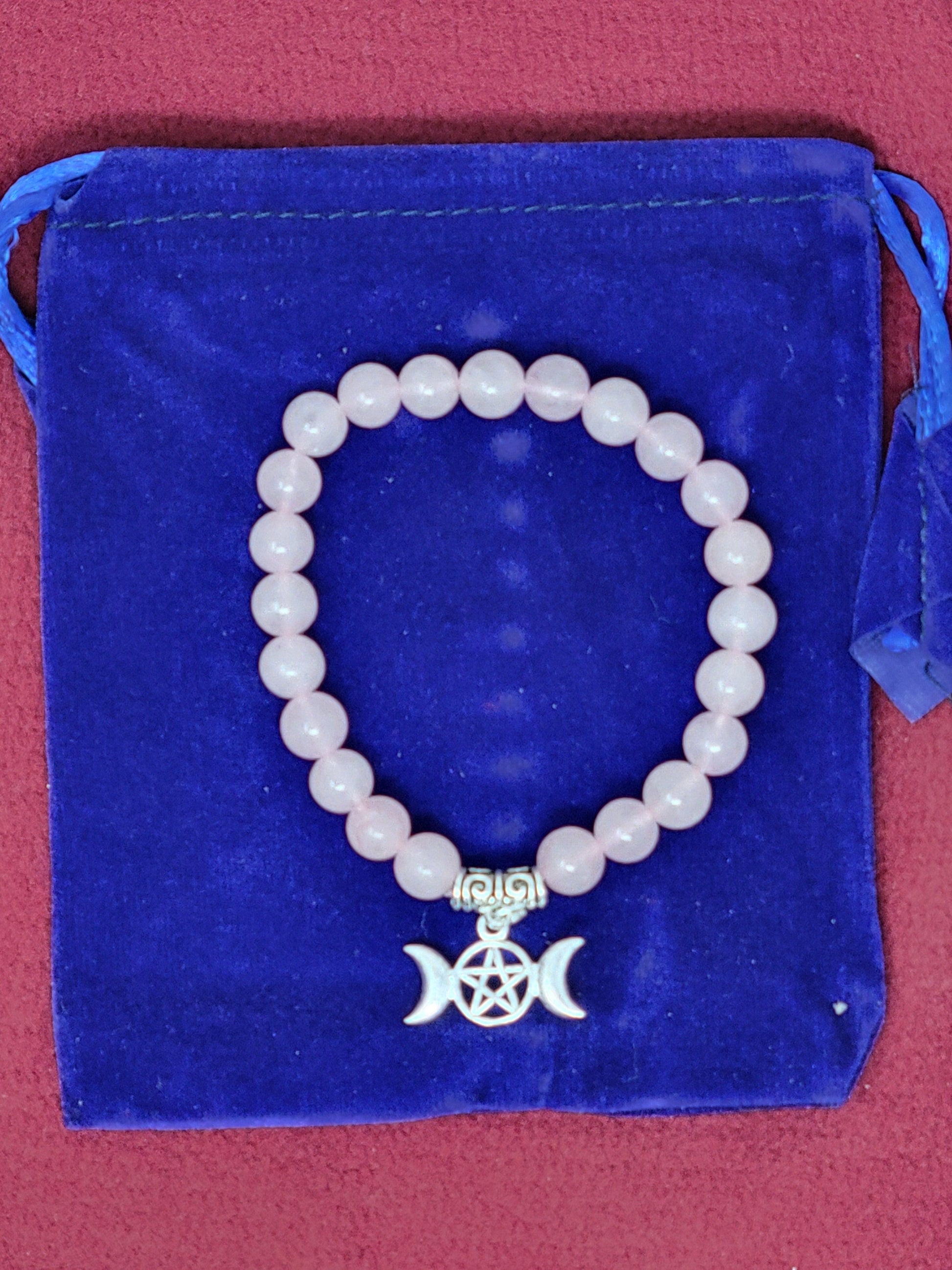 Rose Quartz Gem Stone Bracelet with Triple Moon Pentagram Charm w/ Velvet Bag