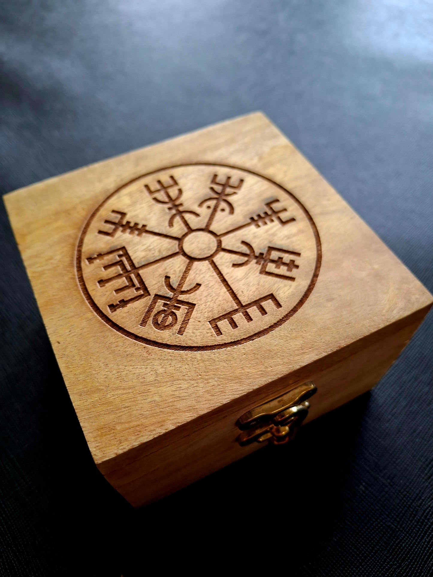 Rune Carved Wood Box 4"x4" with 24 Wooden Runes – Norse Viking Compass Design
