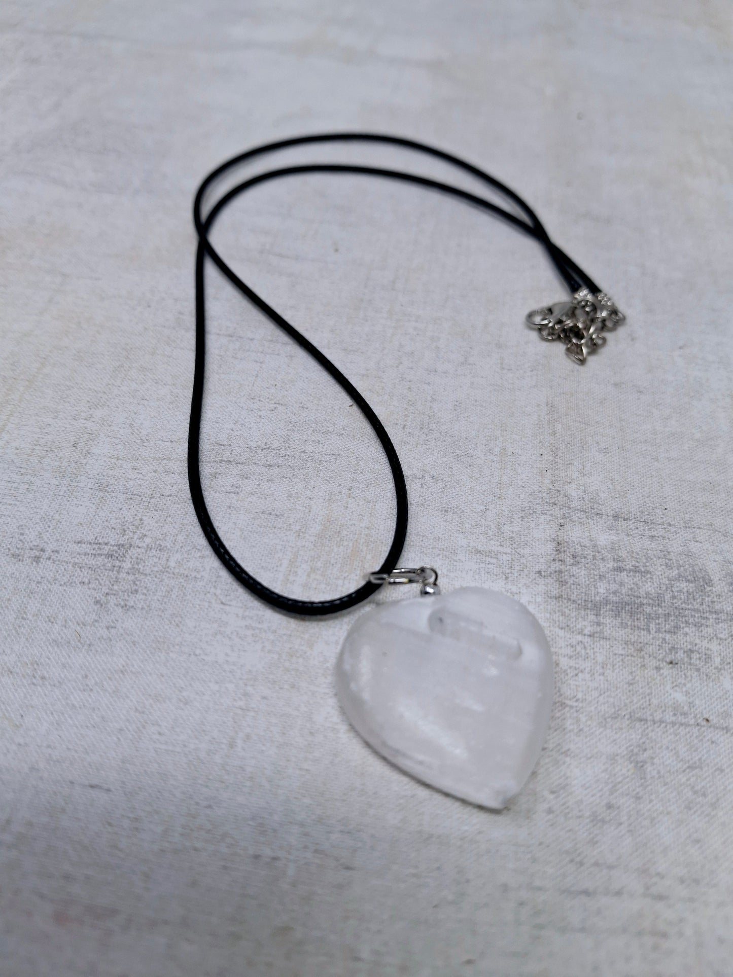 Selenite Heart Pendant on Black Cord