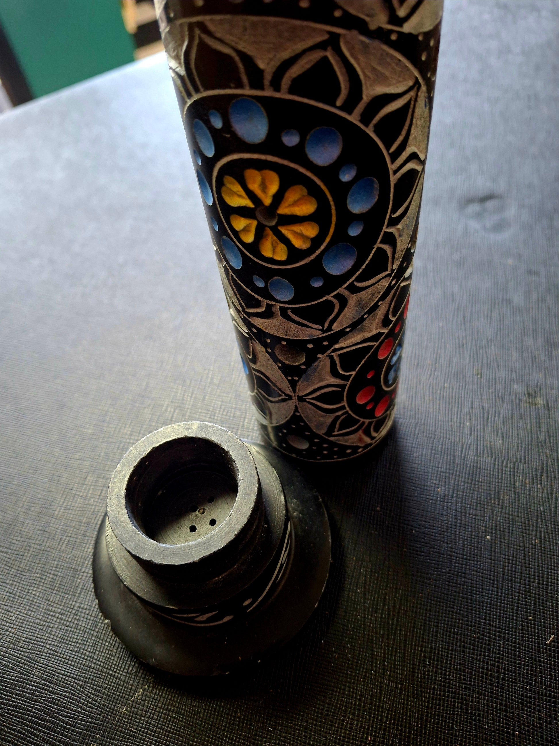 Stone Incense Burner Tower , Round, Black with Colored Flowers 10"