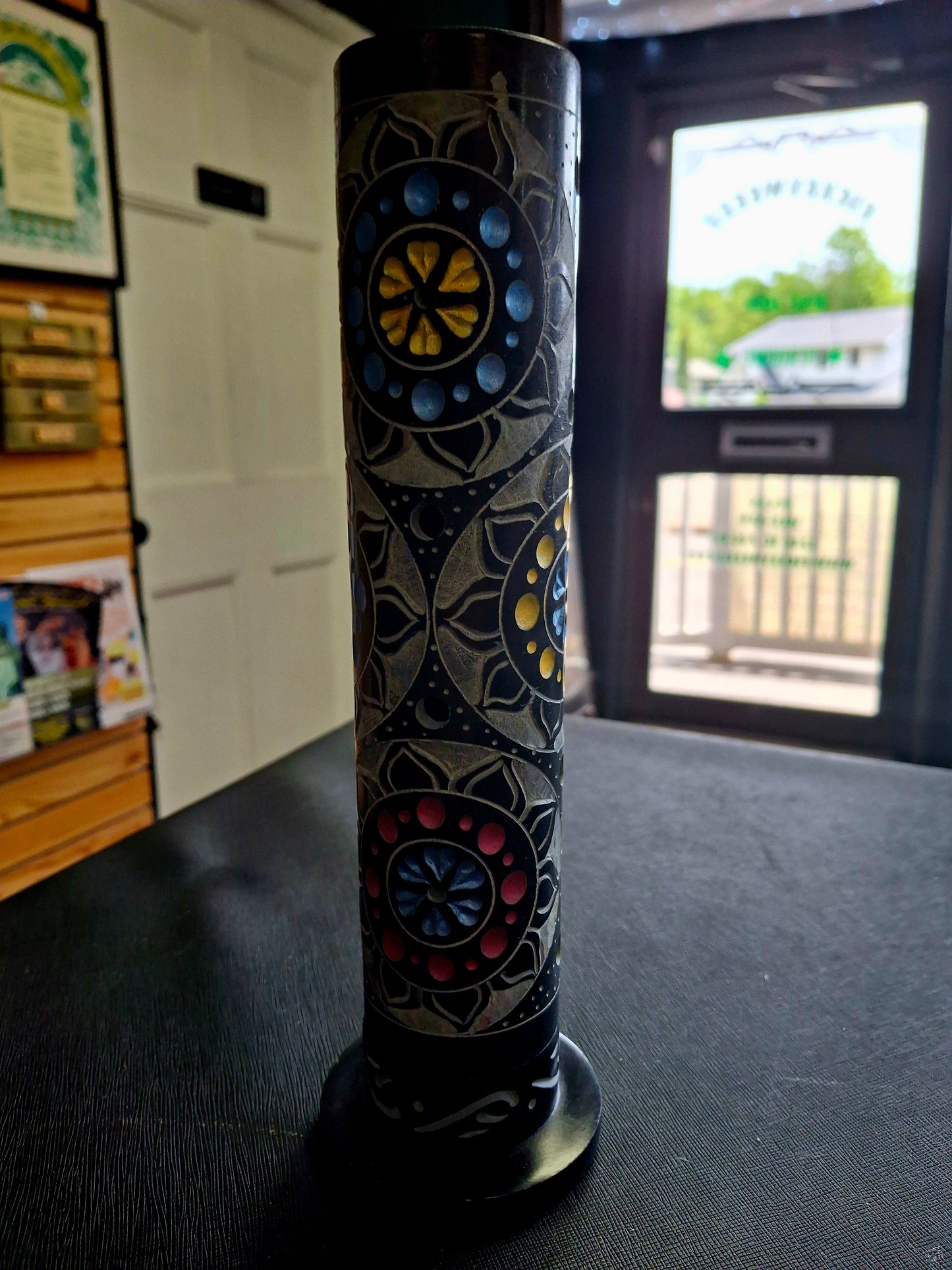 Stone Incense Burner Tower , Round, Black with Colored Flowers 10"