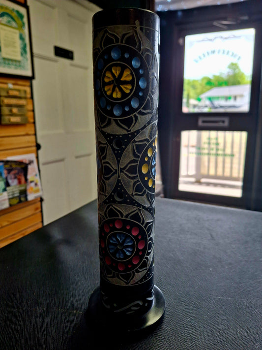 Stone Incense Burner Tower , Round, Black with Colored Flowers 10"