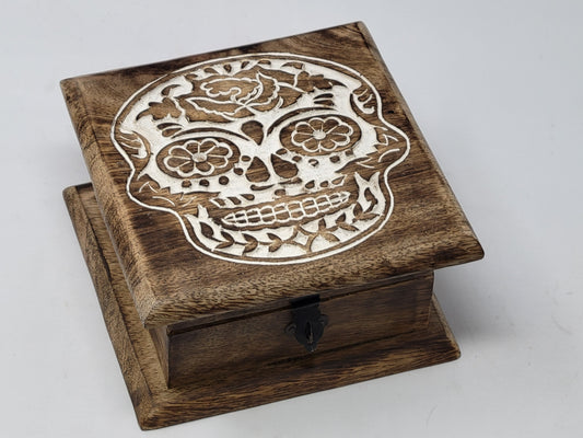 Sugar Skull Carved Wood Box 6x6"