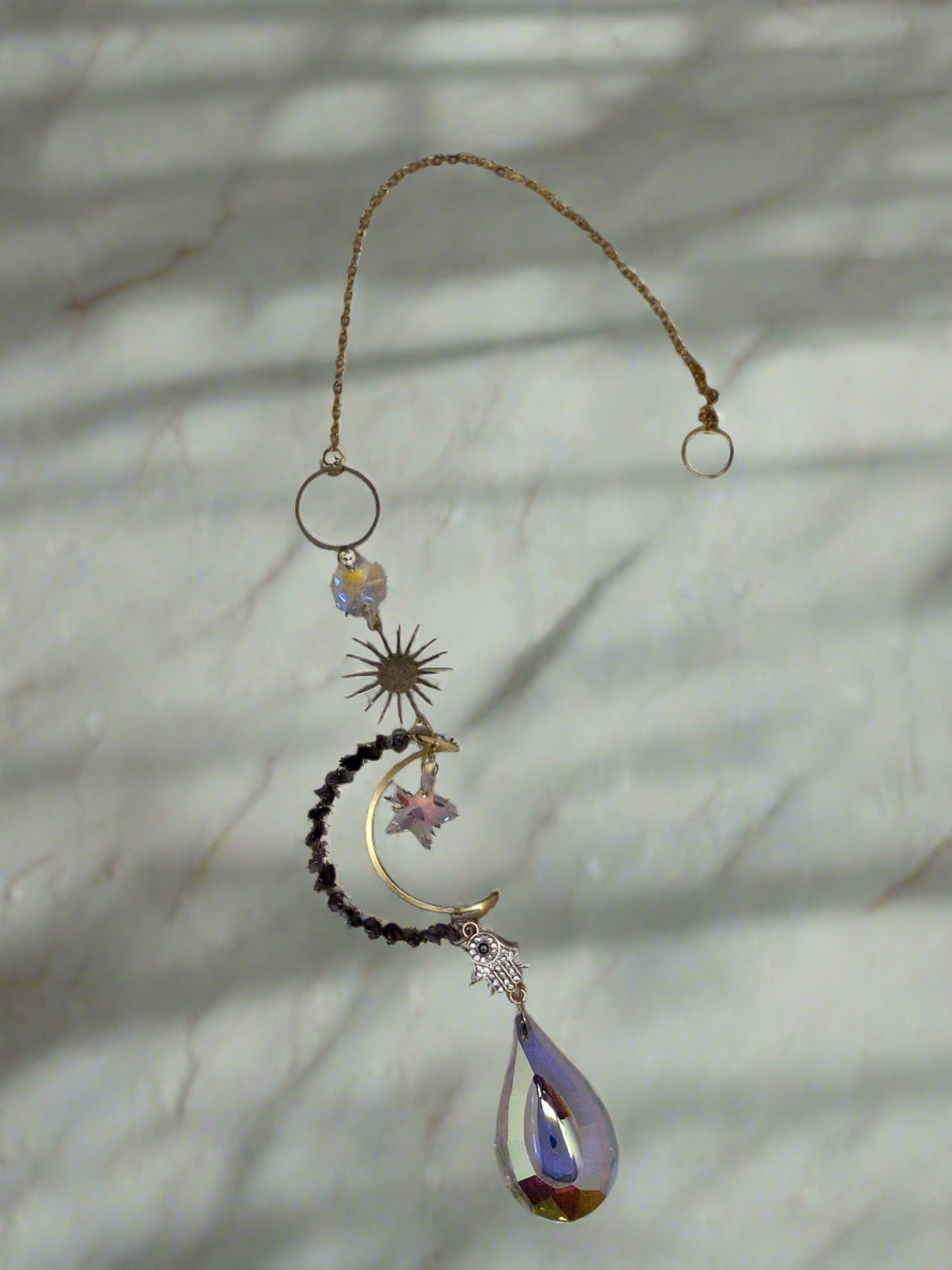 Sun Catcher - Gemstone Moon with Hamsa Hand 15"