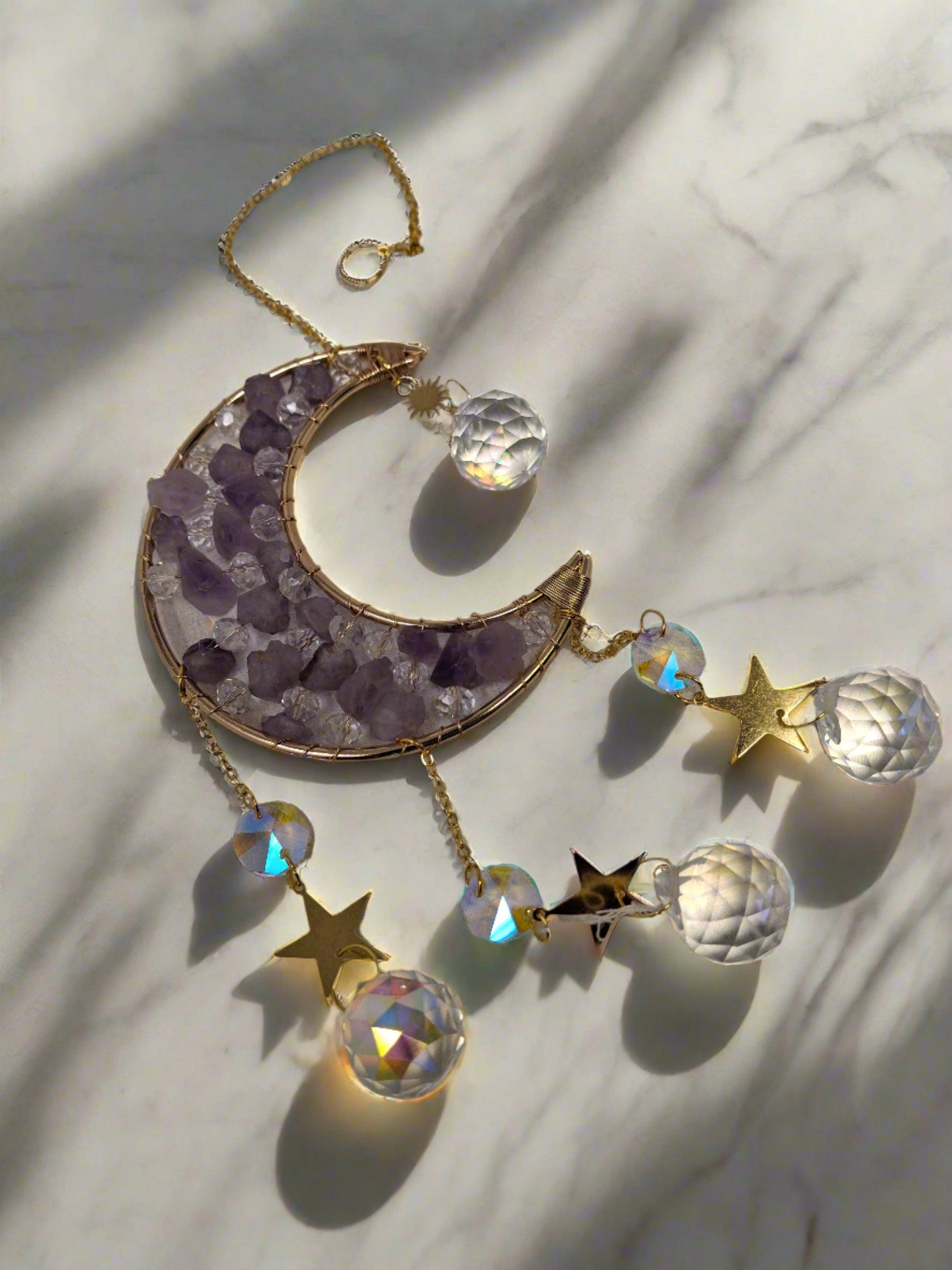 Sun Catcher -Jeweled Crescent Moon 16"