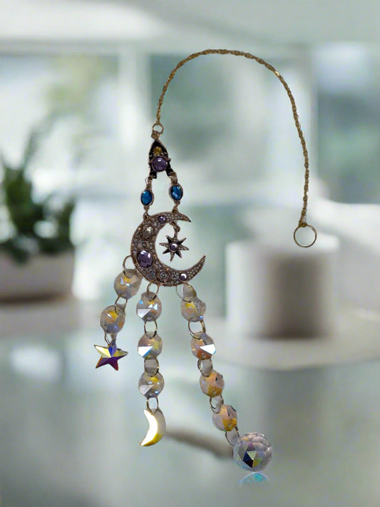 Sun Catcher -Jeweled Crescent Moon 16"