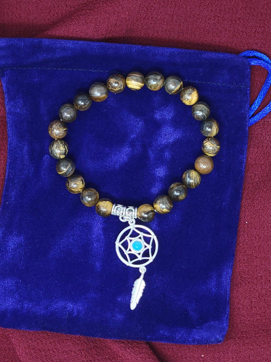 Tiger Eye Gem Stone Bracelet with Dream Catcher Charm w/ Velvet Bag