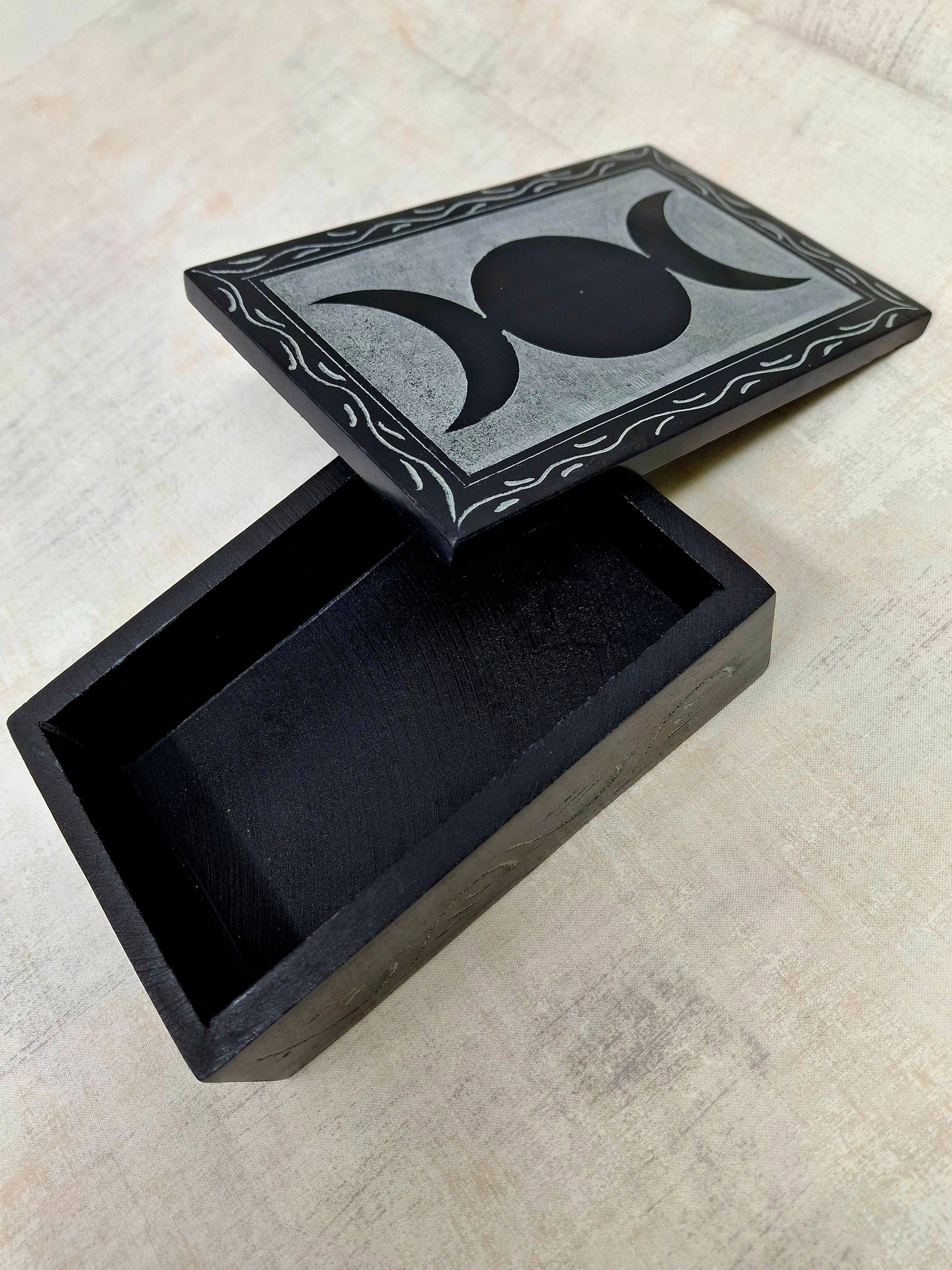 Triple Moon Carved Soapstone Box 4" x 6"