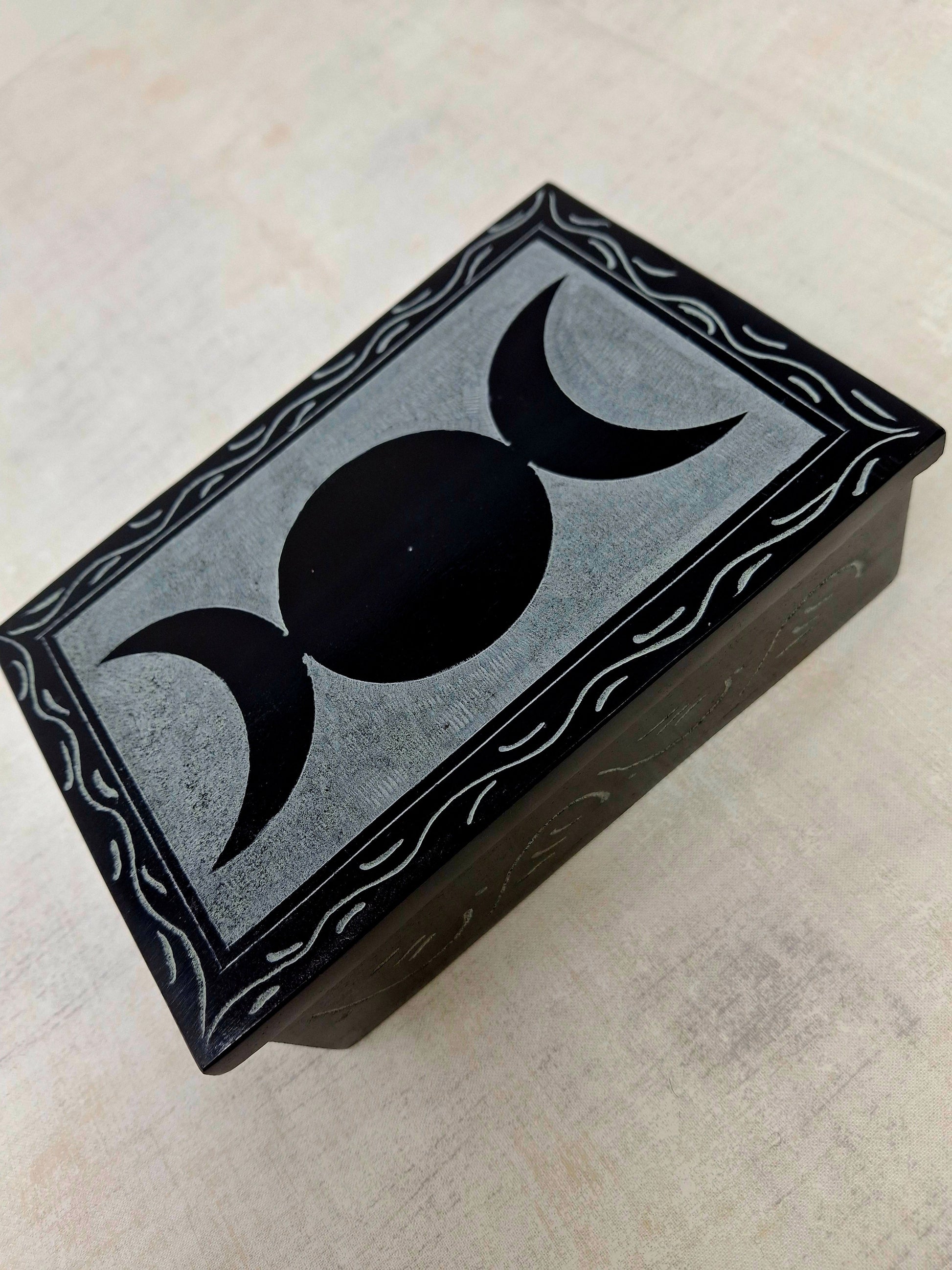 Triple Moon Carved Soapstone Box 4" x 6"