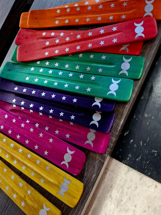 Triple Moon Colorful Painted Wood Ash Catcher 10"L