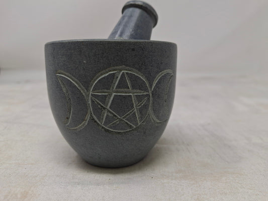 Triple Moon Pentagram Carved Soapstone Mortar & Pestle 2.75"