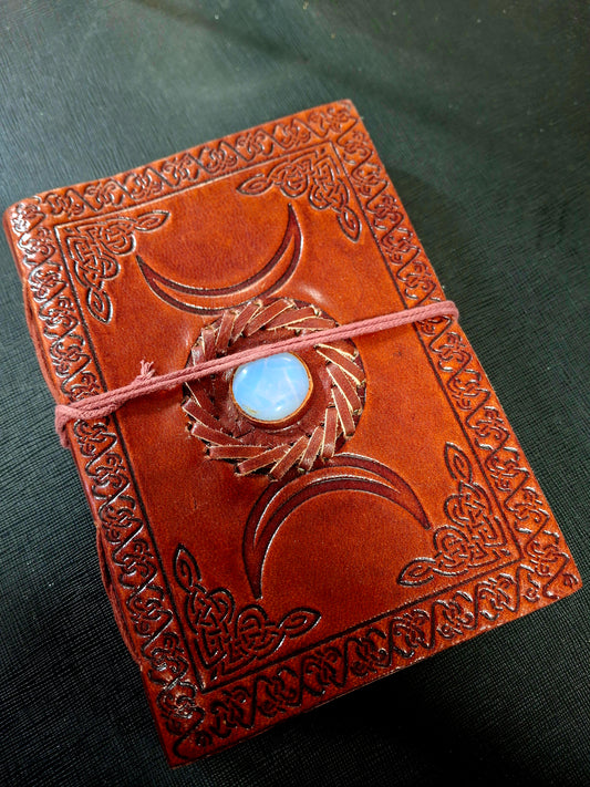 Triple Moon with stone Leather Journal 5x7" with Cord Closure