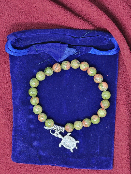 Unakite Jasper Gem Stone Bracelet with Turtle Charm w/ Velvet Bag