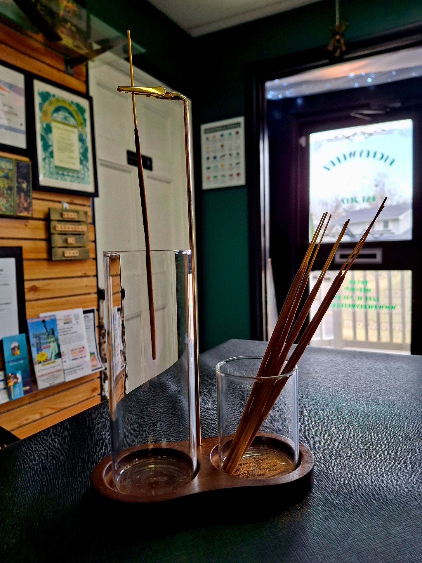 Upside Down Dual Incense Holder & Burner with Wooden Base and Glass Ash Catcher – Vertical Hanging Incense Stand (3" W x 6" L x 10" H)