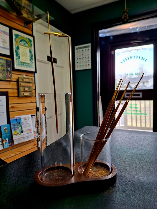 Upside Down Dual Incense Holder & Burner with Wooden Base and Glass Ash Catcher – Vertical Hanging Incense Stand (3" W x 6" L x 10" H)
