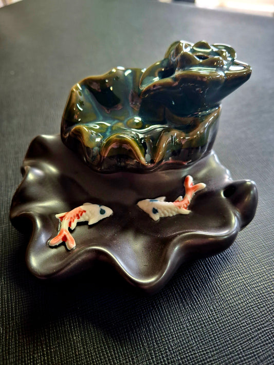 Waterfall Koi Design #4 Backflow Cone Incense Burner 3.75"W x 3"H