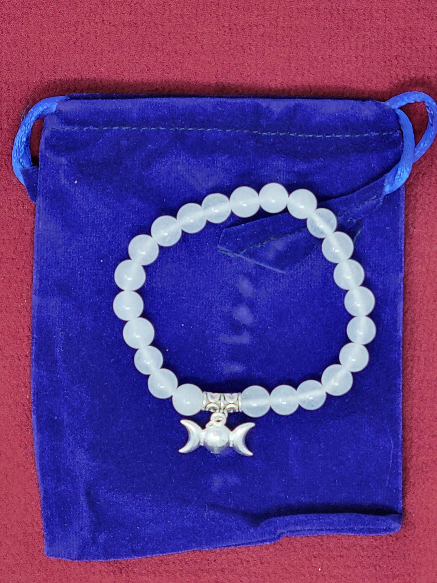 White Agate Gem Stone Bracelet with Triple Moon Charm w/ Velvet Bag