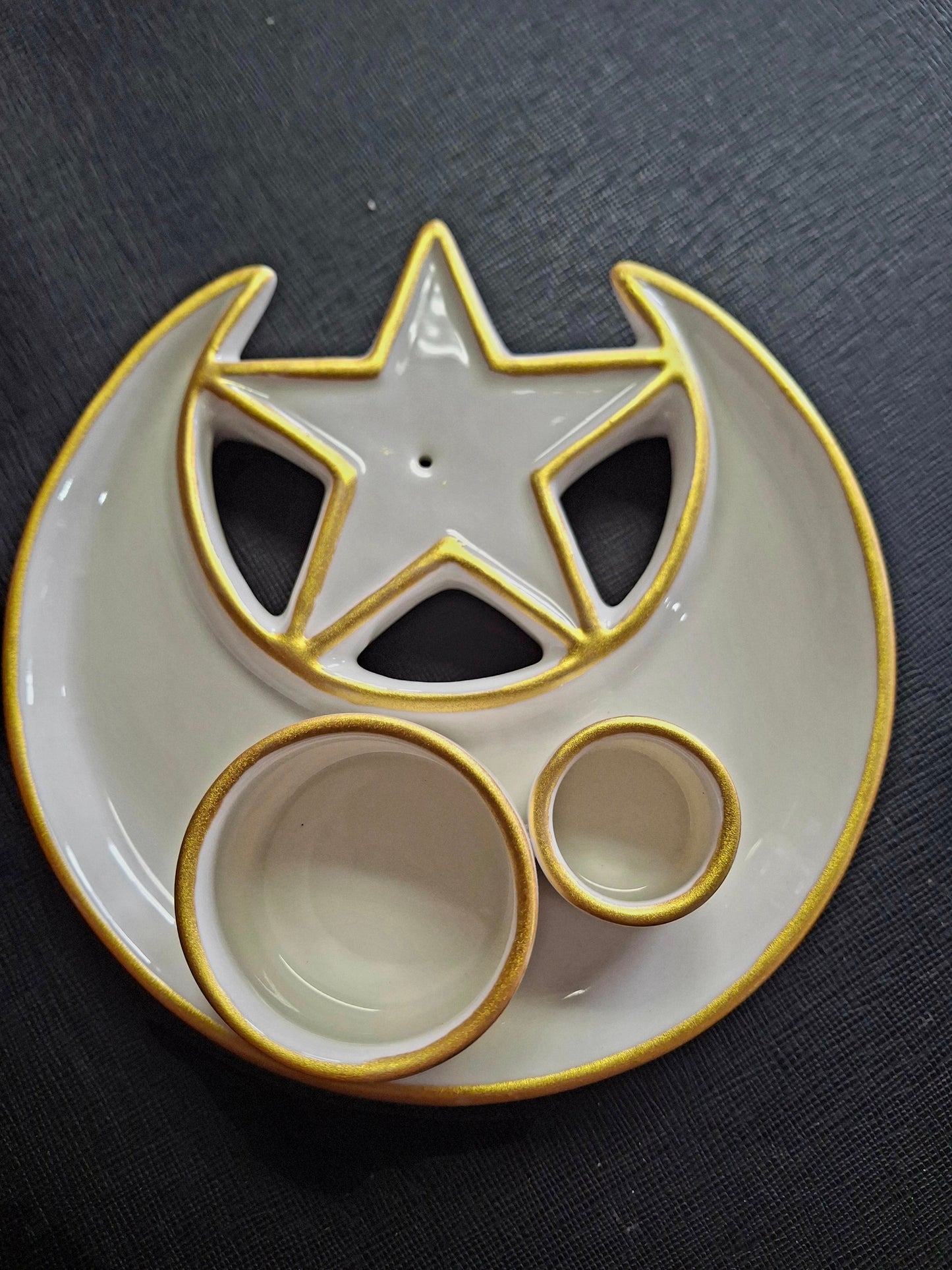 White & Gold Crescent Moon Star – 6" Ceramic Burner for Smudge, Palo& Incense