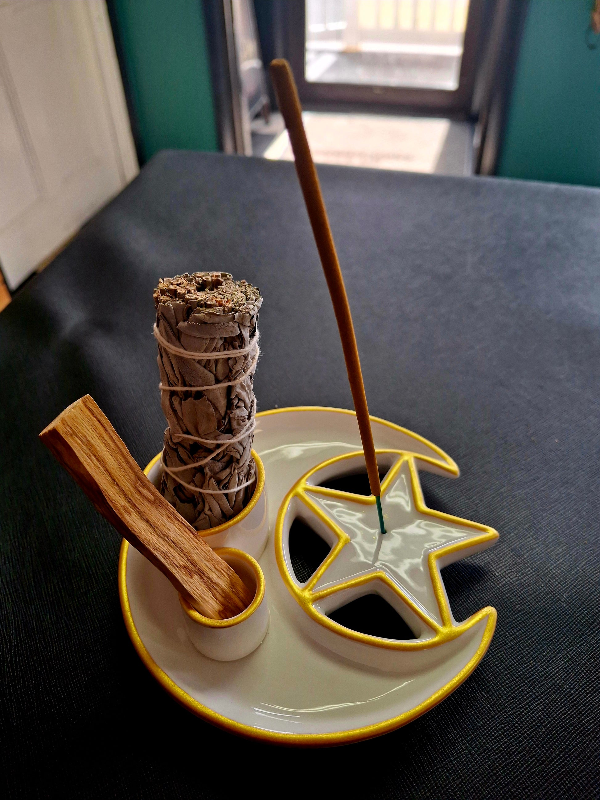 White & Gold Crescent Moon Star – 6" Ceramic Burner for Smudge, Palo& Incense